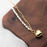 925 Silver Necklace Asymmetry Chain Pearls LOVE Heart