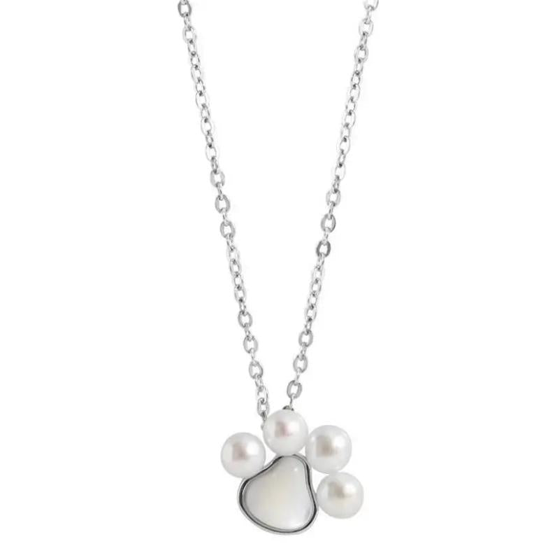 925 Silver Pearl Cat Paw Necklace Dog Footprint Pendant Chain