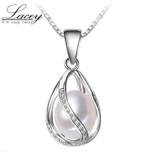 Freshwater Pearl Pendant Necklace 925 Sterling Silver Chain Cage Pendant