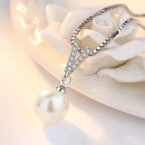 925 Silver Pearl Pendant Necklace Long Chain Wedding Jewelry SCN030