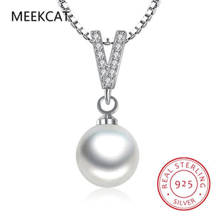 925 Silver Sweet Choker Natural Pearls CZ V Shape Necklace Women Wedding