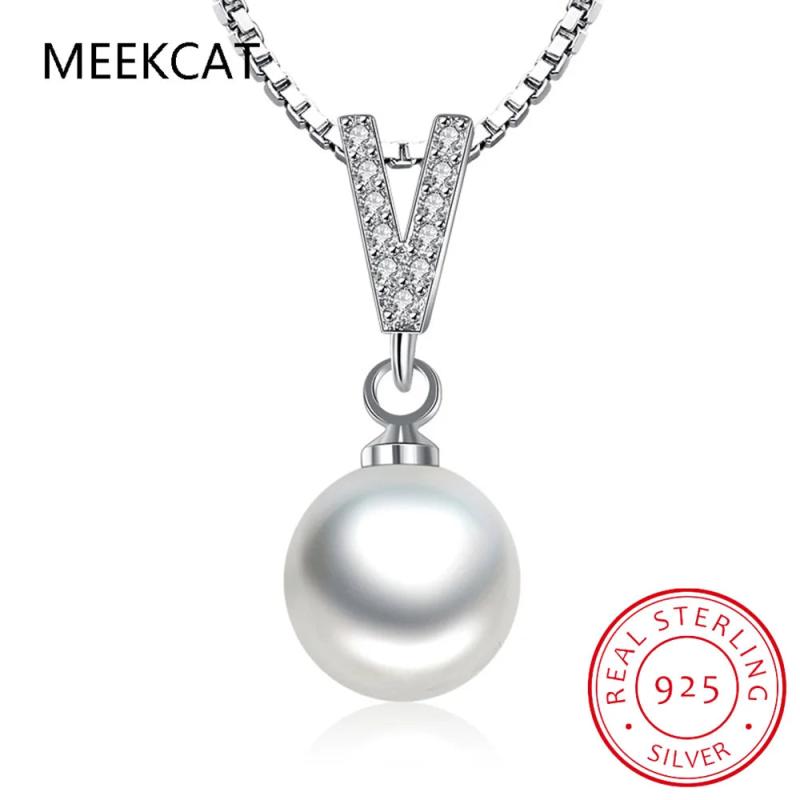 925 Silver Sweet Choker Natural Pearls CZ V Shape Necklace Women Wedding