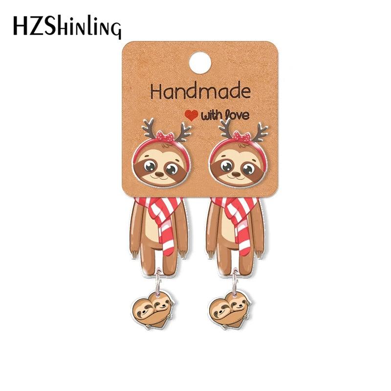 Christmas Sloth Acrylic Stud Earring Animal Love Epoxys Resin Jewelry Items Girl