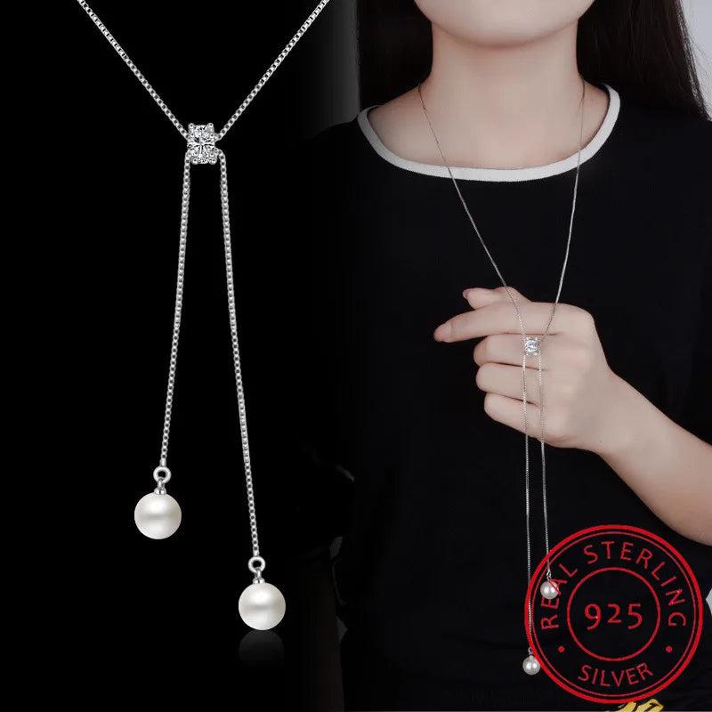 925 Silver Necklace Zircon Pearl Sweater Chain Necklaces For Women