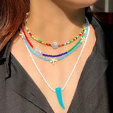 Colored Rice Bead Multi-layer Necklace with Starfish Pearls