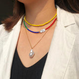 Colored Rice Bead Multi-layer Necklace with Starfish Pearls