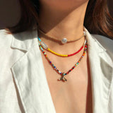 Colored Rice Bead Multi-layer Necklace with Starfish Pearls