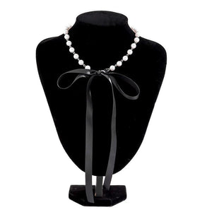 Feminine Pearl Choker Necklace with Ribbon Strap