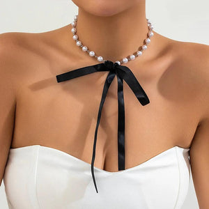 Feminine Pearl Choker Necklace with Ribbon Strap