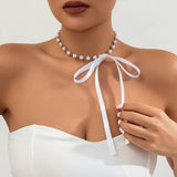 Feminine Pearl Choker Necklace with Ribbon Strap