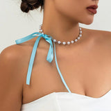 Feminine Pearl Choker Necklace with Ribbon Strap
