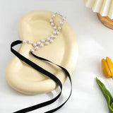 Feminine Pearl Choker Necklace with Ribbon Strap
