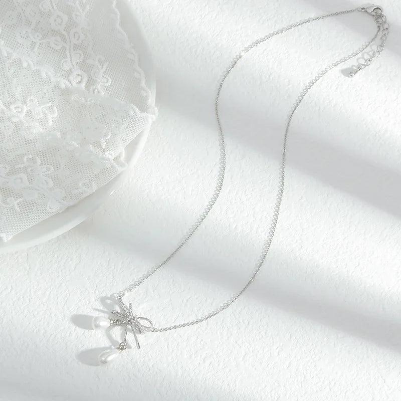 Baroque Pearl Necklace with Zircon Bow Collarbone Chain