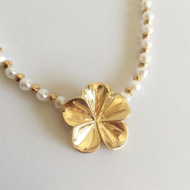Flower Charm Pearl Strand Necklace for Women