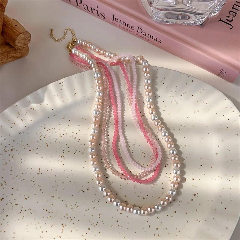 AOMU Pink Green Gradient Pearl Crystal Multi-layer Beads Necklace