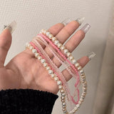 AOMU Pink Green Gradient Pearl Crystal Multi-layer Beads Necklace