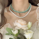 AOMU Pink Green Gradient Pearl Crystal Multi-layer Beads Necklace