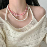AOMU Pink Green Gradient Pearl Crystal Multi-layer Beads Necklace