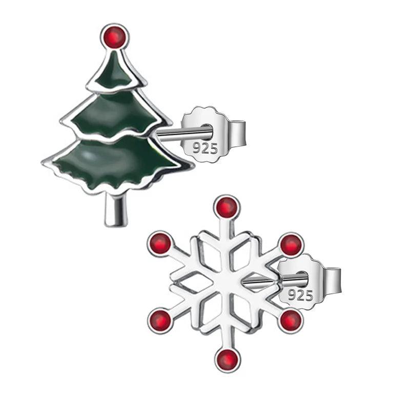 TrustDavis 925 Silver Asymmetric Snowflake Christmas Tree Stud Earring For Women