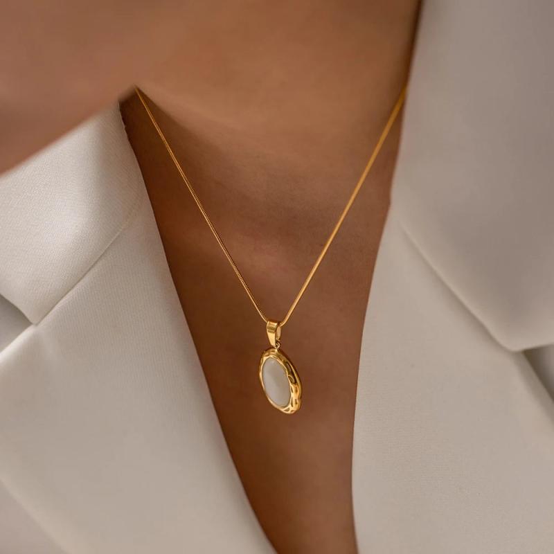 18K Plated Stainless Steel Cat Eye Opal Pendant Necklace