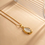 18K Plated Stainless Steel Cat Eye Opal Pendant Necklace
