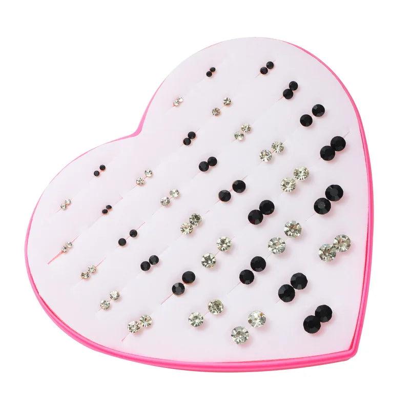 36 Pairs Colorful Crystal Stud Earrings Set in Heart-Shaped Box