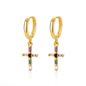 Colorful Zircon Cross Dangle Earrings Stainless Steel Crystal Drop Earring