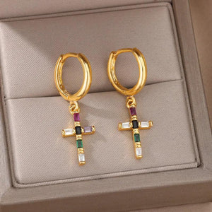Colorful Zircon Cross Dangle Earrings Stainless Steel Crystal Drop Earring