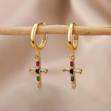 Colorful Zircon Cross Dangle Earrings Stainless Steel Crystal Drop Earring