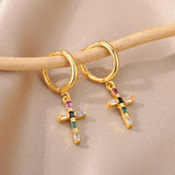 Colorful Zircon Cross Dangle Earrings Stainless Steel Crystal Drop Earring