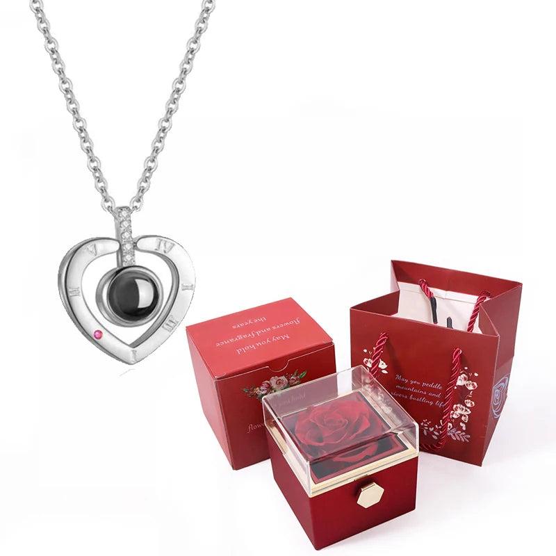 100 Languages I Love You Necklace with Rotating Rose - Romantic Jewelry Set