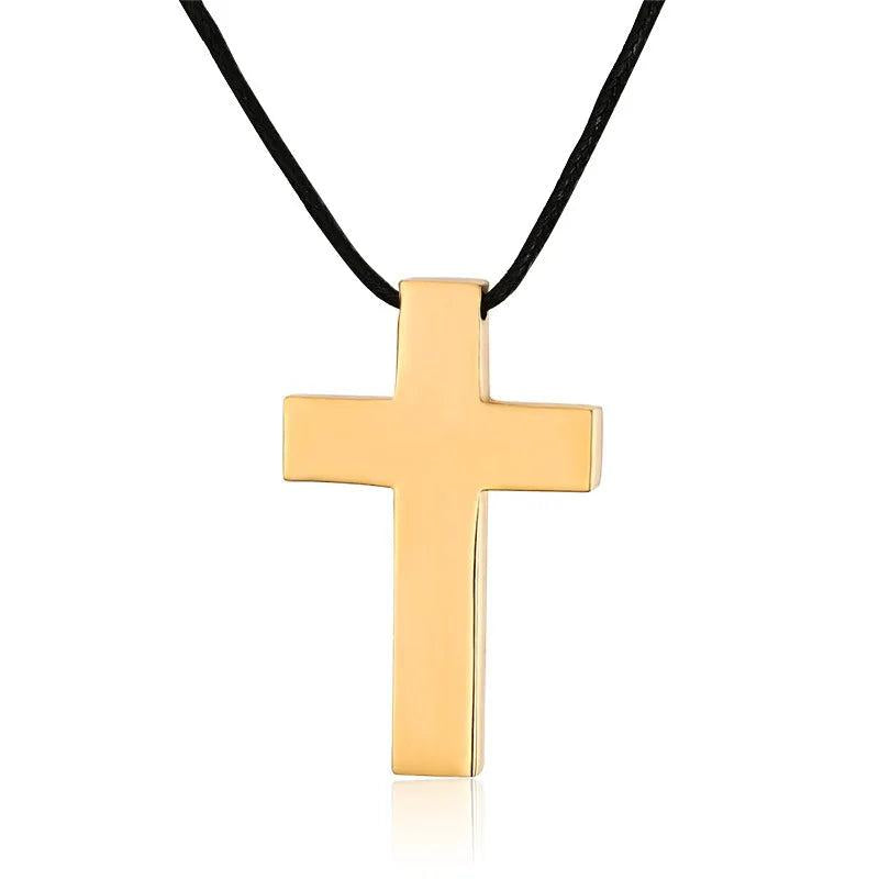 Men's Copper SS Cross Pendant Leather Necklace