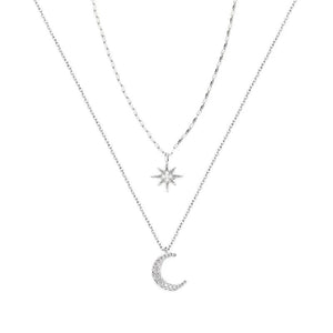 Silver Double Star Pendant Moon Necklace for Women Small Fresh Zircon Choker