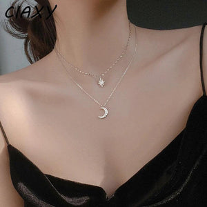 Silver Double Star Pendant Moon Necklace for Women Small Fresh Zircon Choker