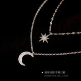 Silver Double Star Pendant Moon Necklace for Women Small Fresh Zircon Choker