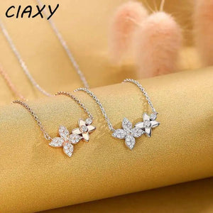 Silver Leaf Necklace with Zircon Flower Pendant