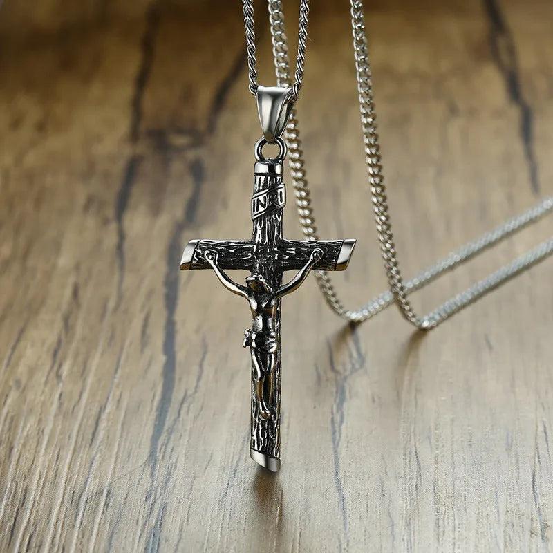 Vintage Men Crucifix Necklace Stainless Steel Italian Chain Cross Pendant