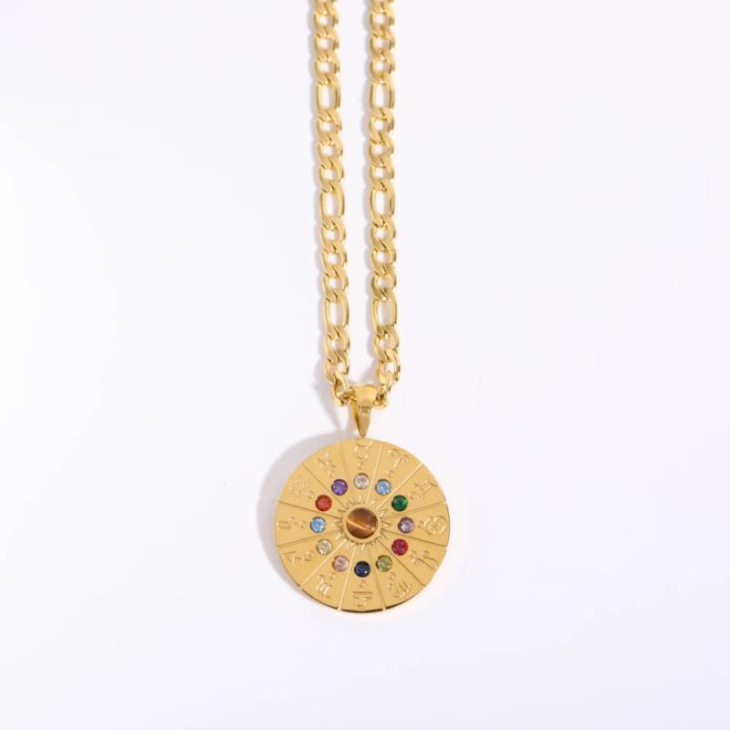 Astrolabe Stainless Constellation Necklaces Zodiac Sign Birthstone Necklace