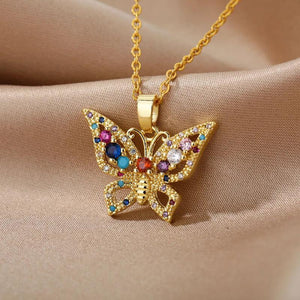 Zircon Butterfly Pendant Necklace Women Stainless Steel Chain