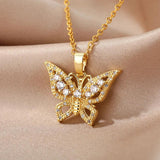 Zircon Butterfly Pendant Necklace Women Stainless Steel Chain