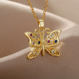 Zircon Butterfly Pendant Necklace Women Stainless Steel Chain
