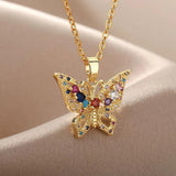Zircon Butterfly Pendant Necklace Women Stainless Steel Chain