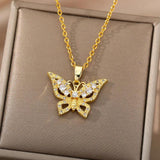 Zircon Butterfly Pendant Necklace Women Stainless Steel Chain