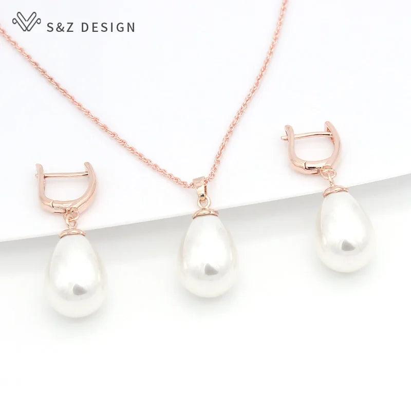 S&Z Pearls Water Drop Earrings 585 Rose Jewelry Sets For Women Wedding Party