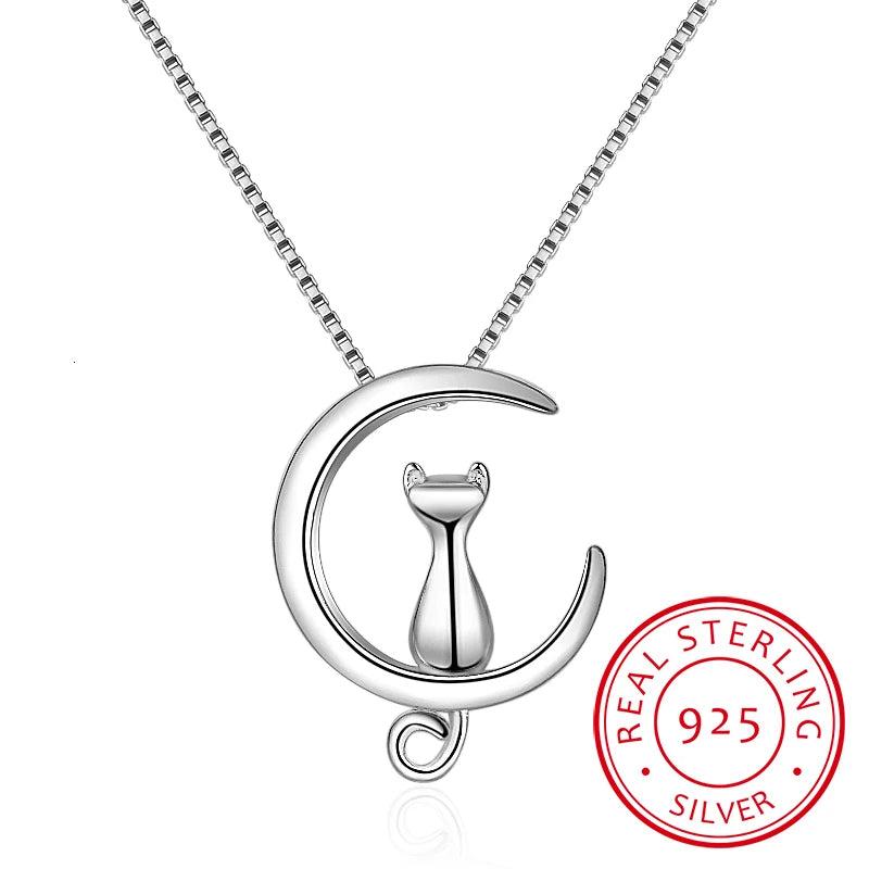 Moon Kitten Cat Necklace 925 Sterling Silver Link Chain Kolye S-n187