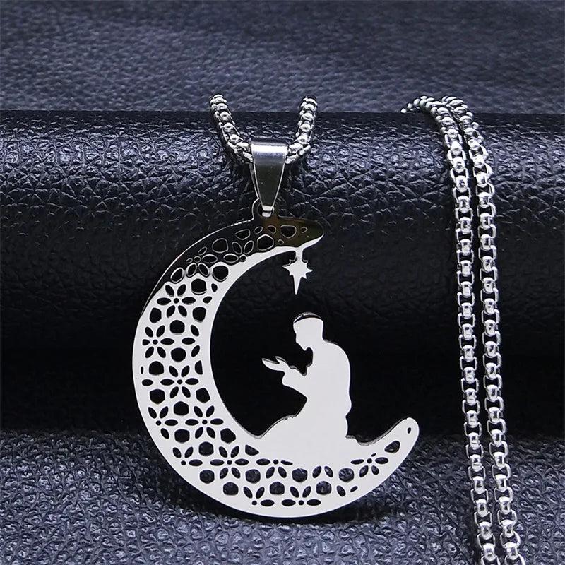 Islamic Muslim Prayer Necklace Stainless Steel Moon Star Pendant