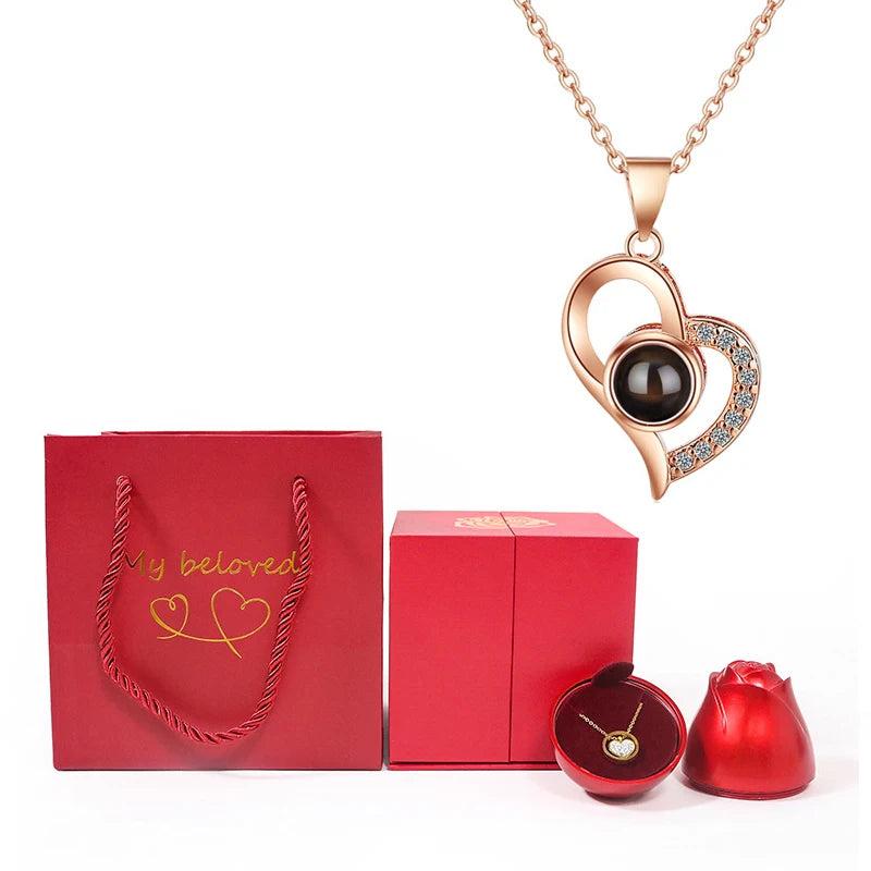 Love Heart Projection Necklace 100 Languages Pendant With Rose