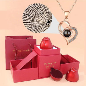 Love Heart Projection Necklace 100 Languages Pendant With Rose