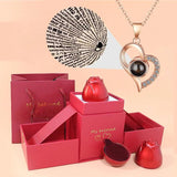Love Heart Projection Necklace 100 Languages Pendant With Rose