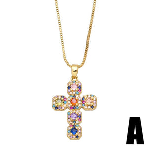 Rainbow CZ Crystal Cross Pendant Necklace Religious Jewelry